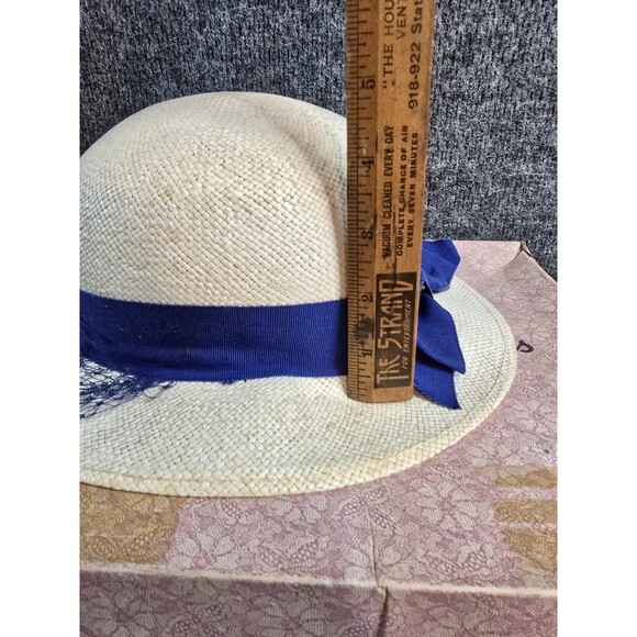 Career Collection Womens Vintage Hat Brimmed Beige Blue Ribbon w Original Box - Picture 11 of 11
